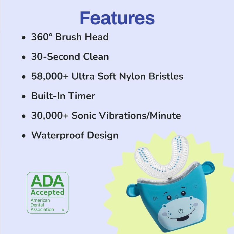 AutoBrush Kids Electric Toothbrush – Only ADA Accepted U-Shaped Toothbrush, Clinically Proven Up to 5.1X Better Cleaning, 30 Seconds, Full-Mouth 360 Coverage, LED Lights, Music, Ages 3-5, Hippo - Image 2